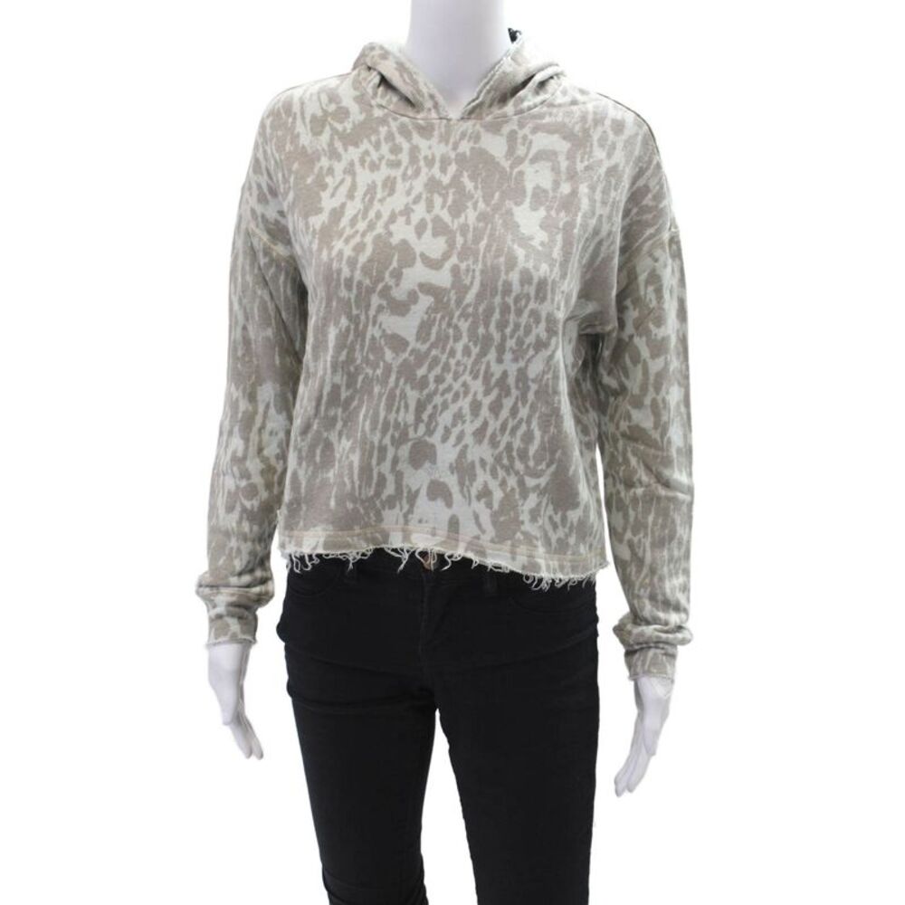 Chaser Womens Cotton Animal Print Cropped Long Sleeve Hoodie Green Size XS
